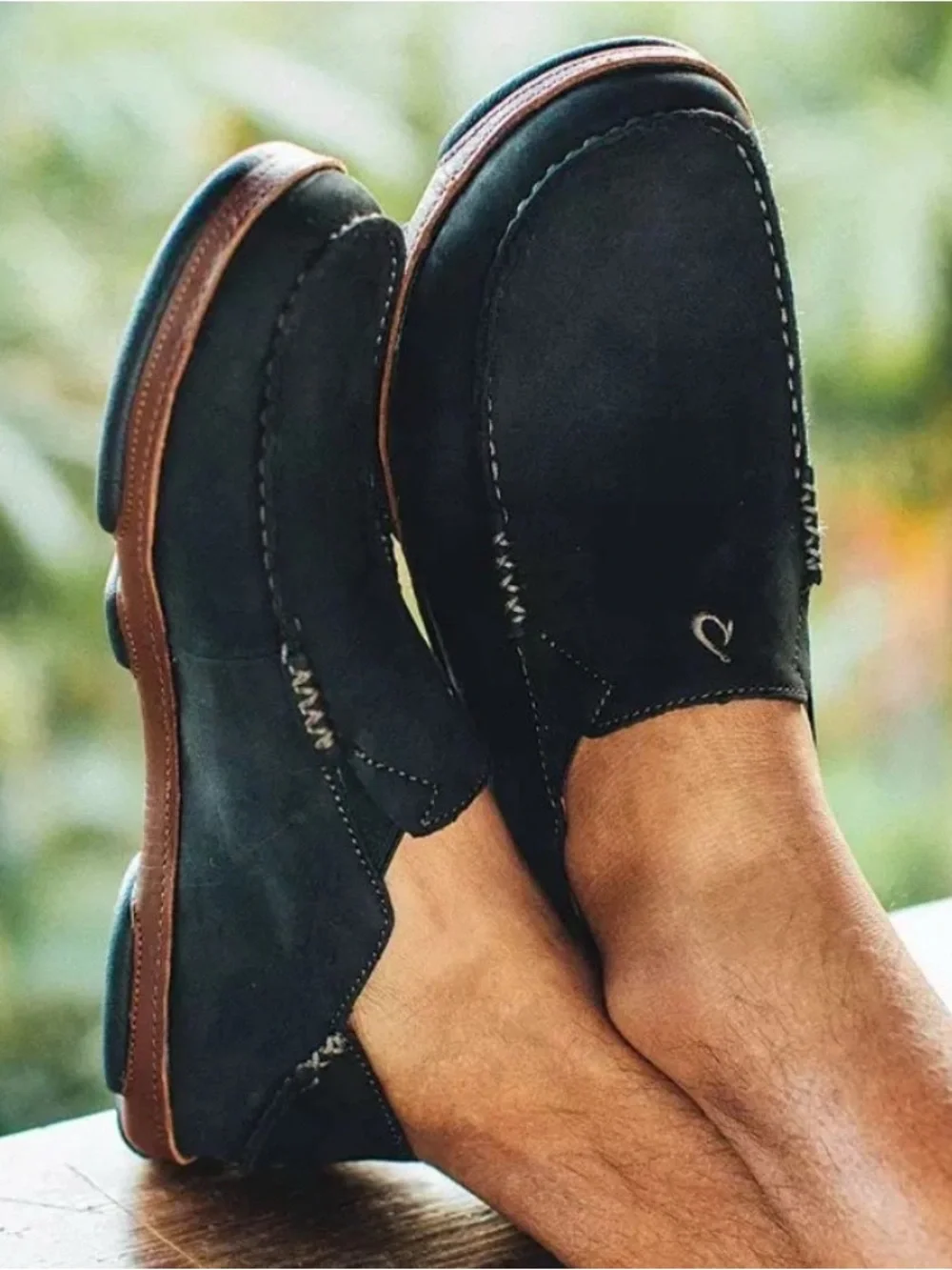 OluKai Men's Black Slip-On Loafers with Brown Trim